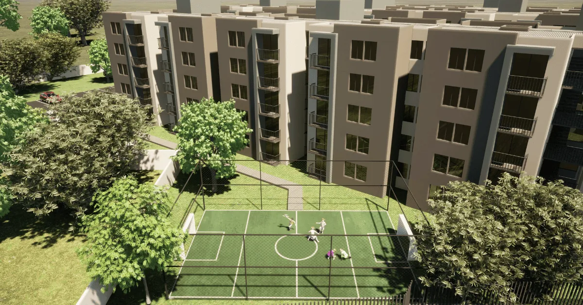 Jardines de la Sabana: render de la cancha múltiple. Imagen de referencia.