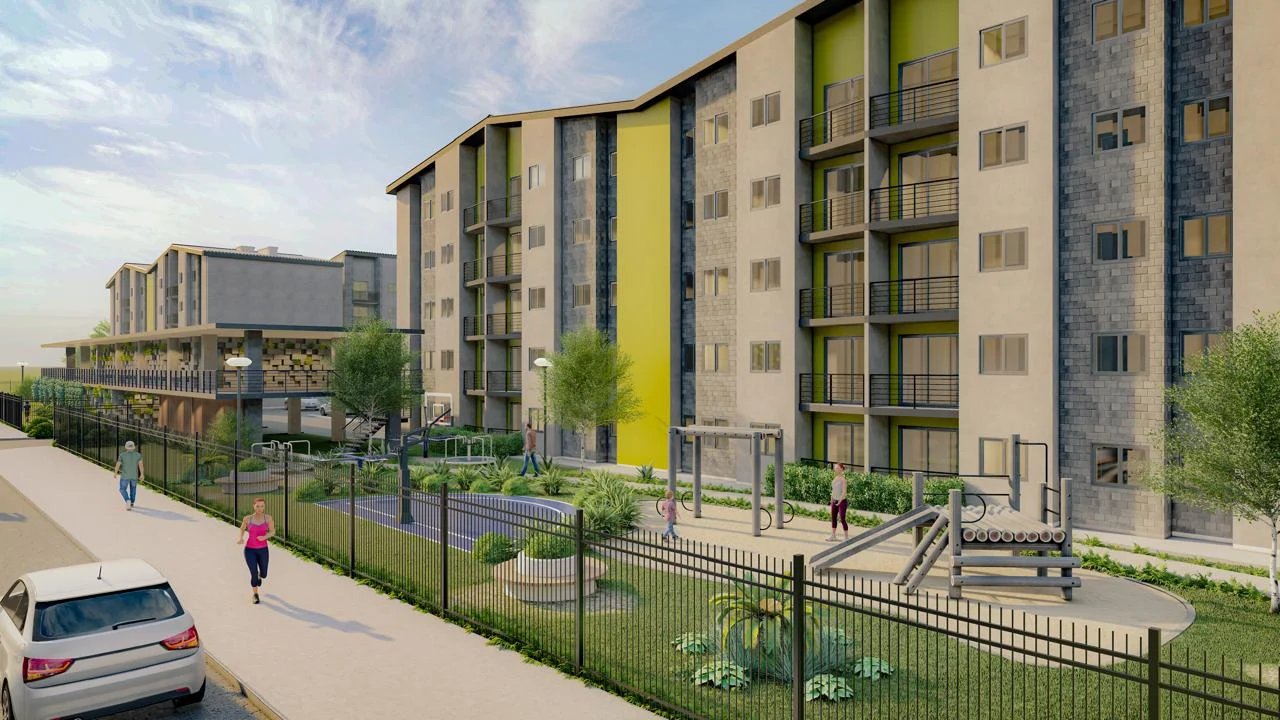 Mambo Residencial: visualización arquitectónica de fachadas y senderos. Imagen de referencia.